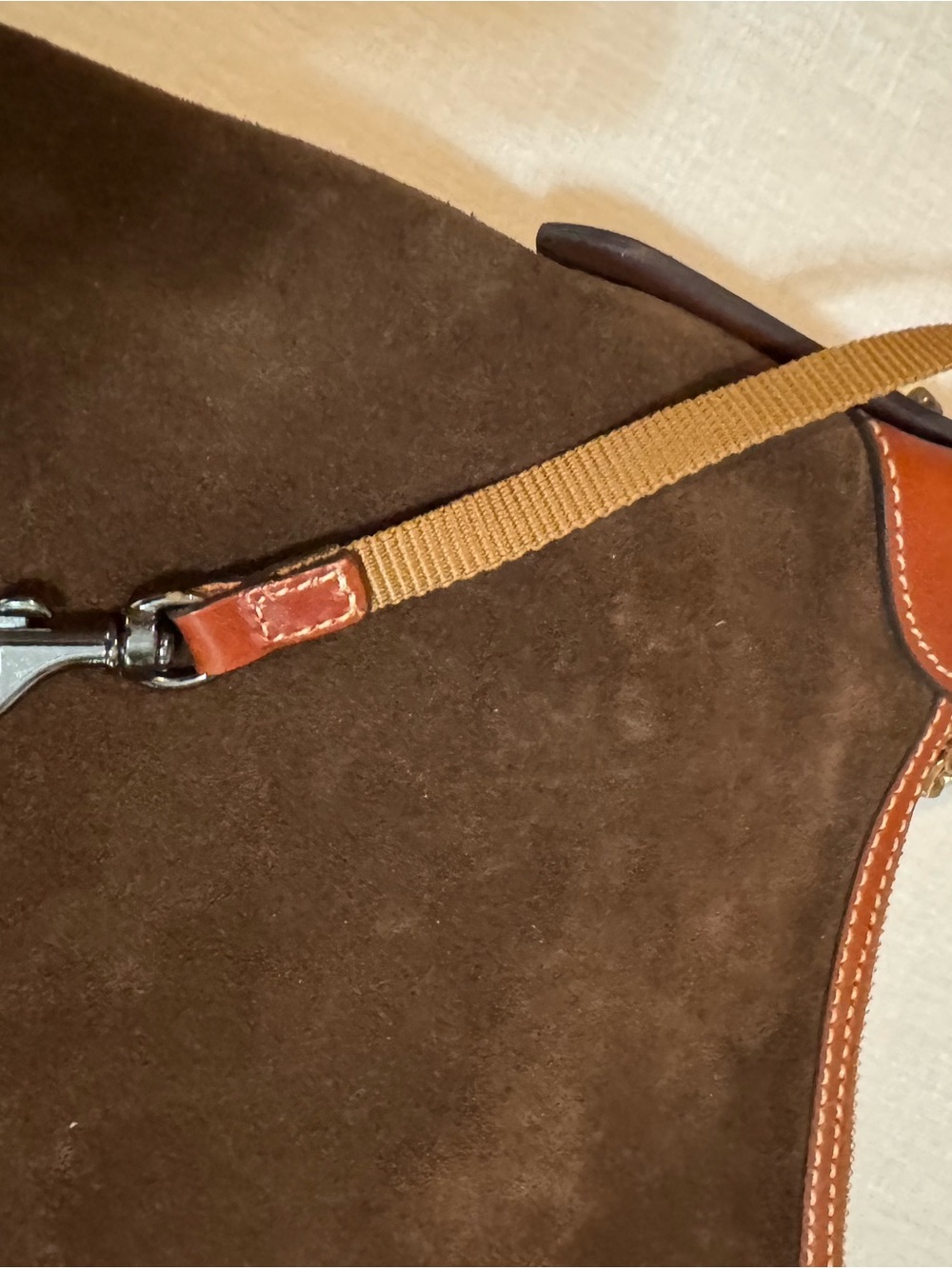 Dooney & Bourke Dark Brown Suede Shoulder Bag with Tan Leather Trim - Picture 3 of 10